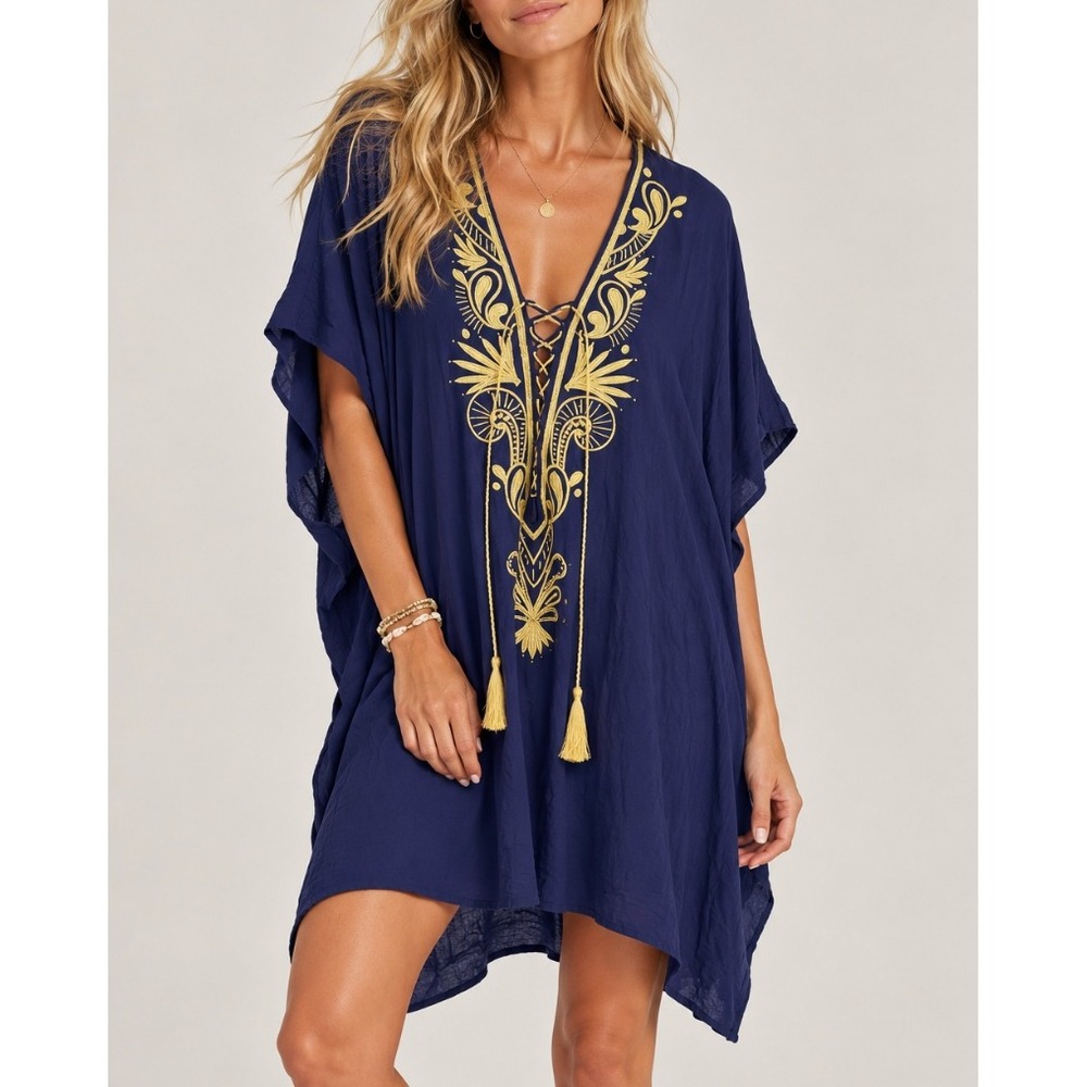 NEW Lilly Pulitzer Chai Caftan True Navy Gold Embroidered Cover Up Dress S/M